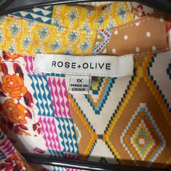 Rose + Olive Colorful Patchwork Style Blouse 1x - Picture 3 of 6
